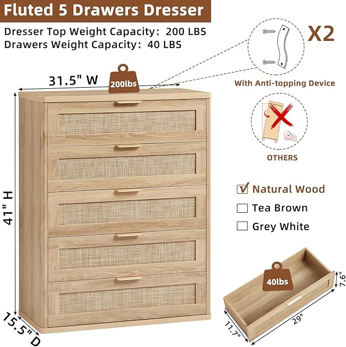 LEYAOYAO Rattan Dresser for Bedroom Set 2, Modern 5 Drawers Boho Dressers - Image 3