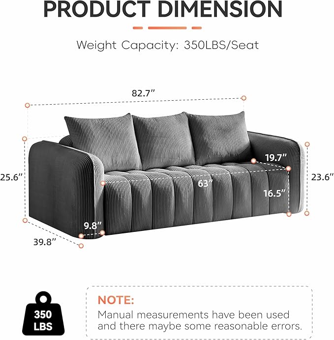 83'' Boneless Corduroy Sofa, Oversized 3 Seater Deep Seat Couch - Image 2