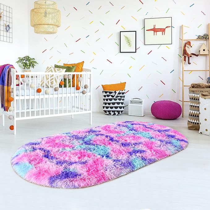 Noahas Oval Fluffy Hot Pink Rainbow Rug 2.6X5.3 Small Kids Rugs - Image 8