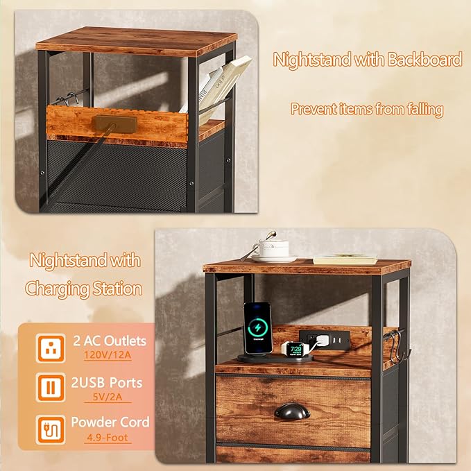 Furologee Nightstand Set of 2, Rustic Brown, - Image 5