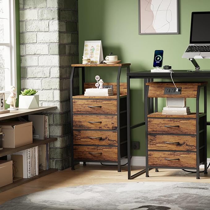 Furnulem Night Stand with Charging Station, Small Dresser with 4 Fabric Drawers - Image 5
