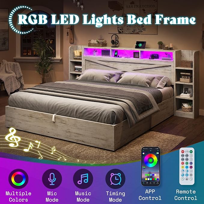 AMERLIFE King Size Lift Up Storage Bed Frame, 45.1" LED Bed Frame - Image 5