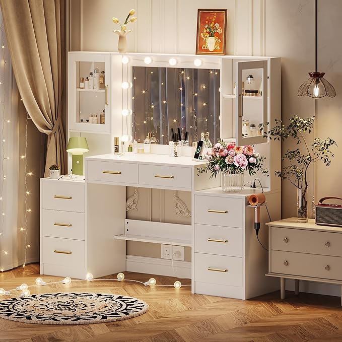 White Vanity Desk with Mirror, Lights & Charging Station, 2 Cabinets and Lots - Image 7