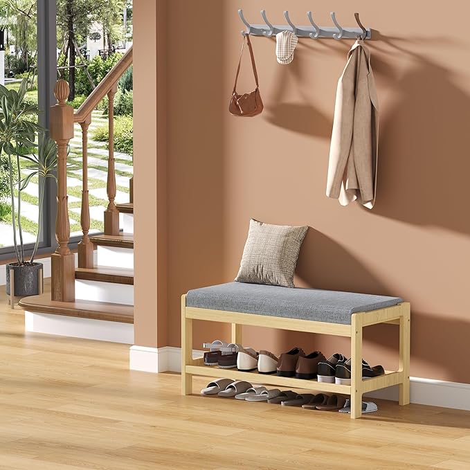 Shoe Bench Entryway, Solid Wood 2-Tier Shoe Rack Bench - Image 8