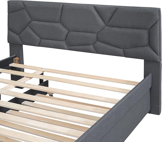 Full Size Bed Frame with Twin Size Trundle, Linen Upholstered Platform Bed - Image 9