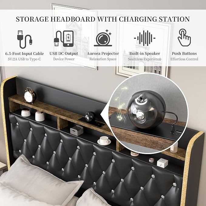 Queen LED Bed Frame with 2 Storage Drawers, PU Upholstered Platform Beds with - Image 6