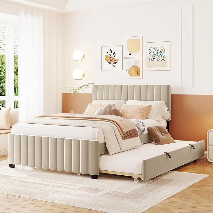 Full Bed Frame with Trundle Bed, Velvet Upholstered Platform Bed Frame by Bellemave