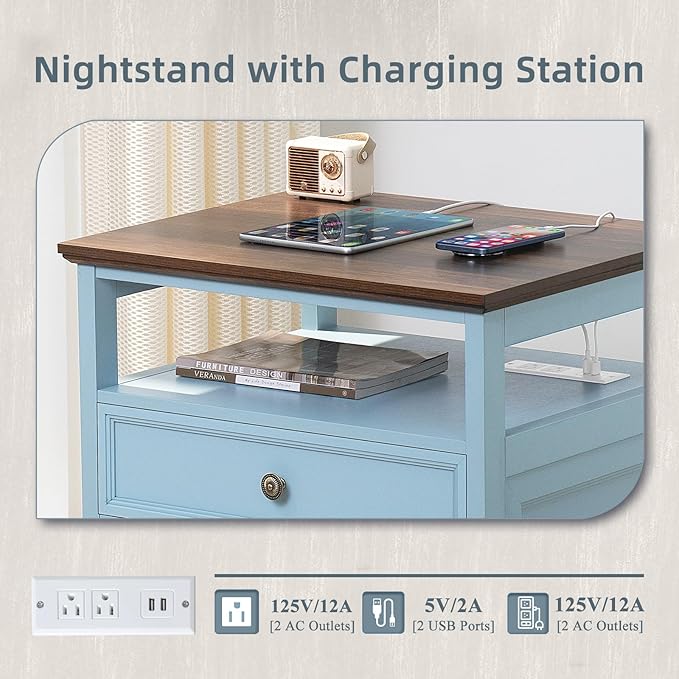 Farmhouse Nightstand with Charging Station, Light Blue Dresser - Image 5
