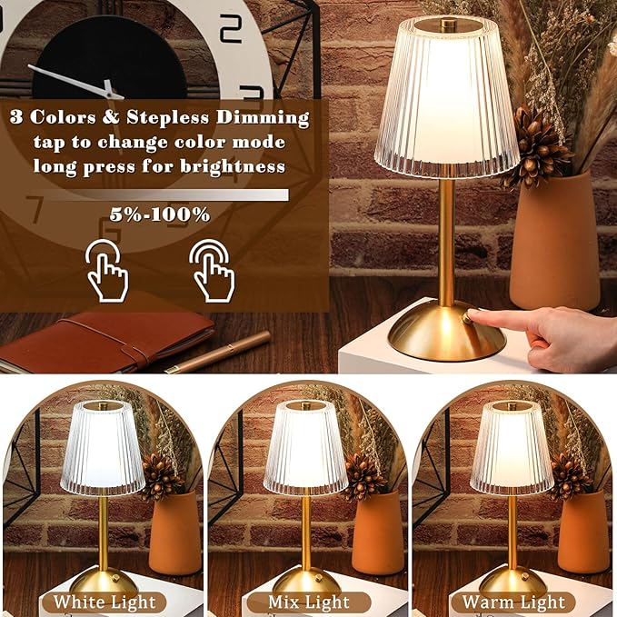 Liliful 2 Pcs Cordless Table Lamp Rechargeable Touch LED Small Gold Portable - Image 4