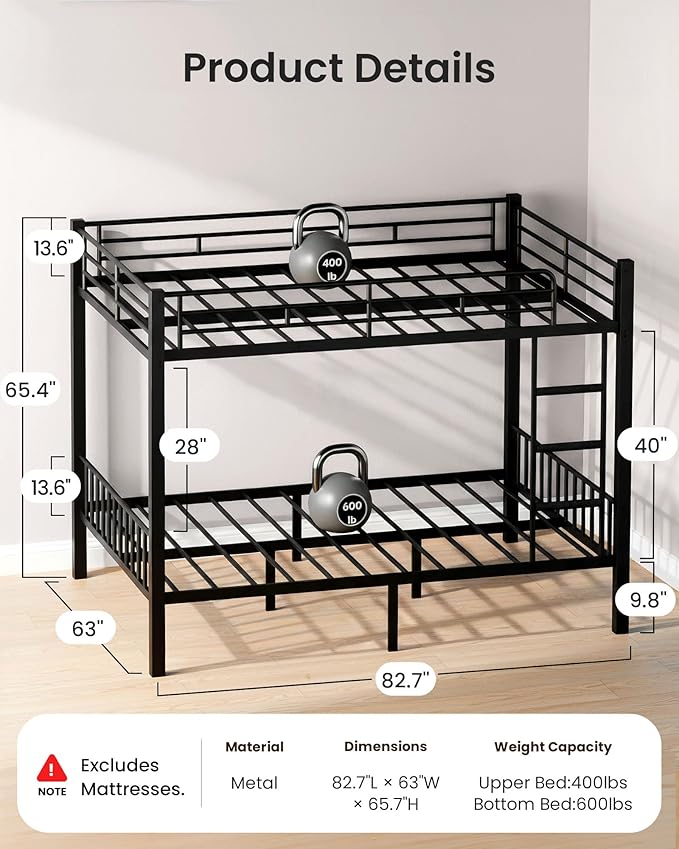Queen Over Queen Bunk Bed for Adults & Teens, Heavy Duty Metal Bunk Bed - Image 2
