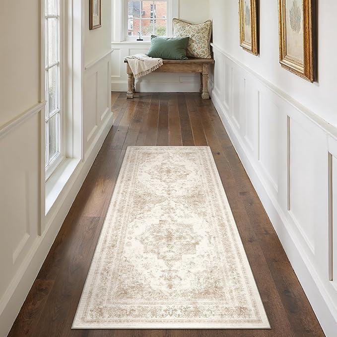 Runner Rug 2x5 Cream Hallway Washable Beige Carpet Non Slip Vintage Medallion - Image 5