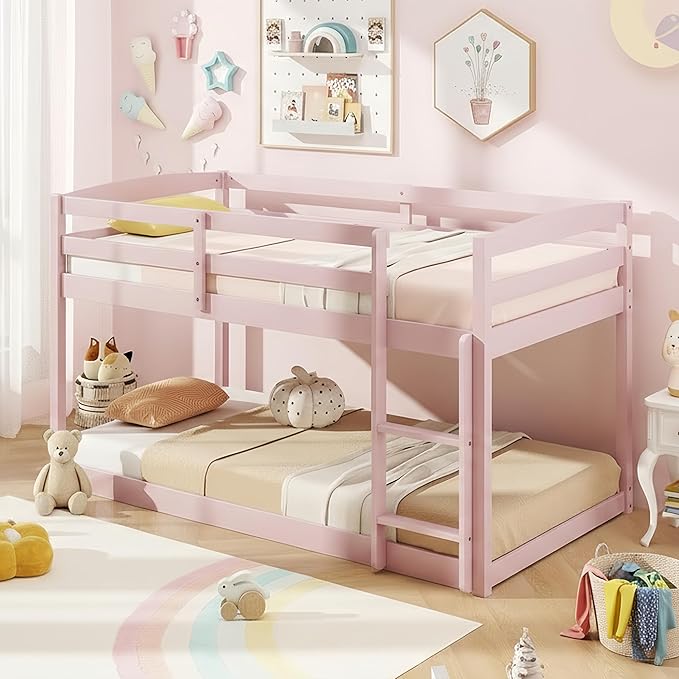 KOMFOTT Low Bunk Bed Twin Over Twin, Solid Wood Twin Bed Frame by KOMFOTT