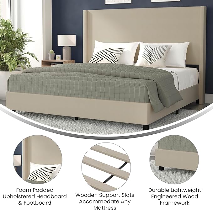 EMMA + OLIVER Nora King Size Faux Linen Upholstered Platform Bed - Image 5