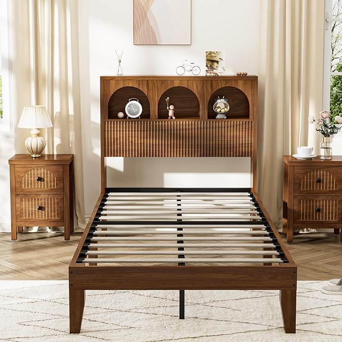 Twin Bed Frame with Wave Headboard, Wooden Headboard with 3 Arched Storage - Image 8