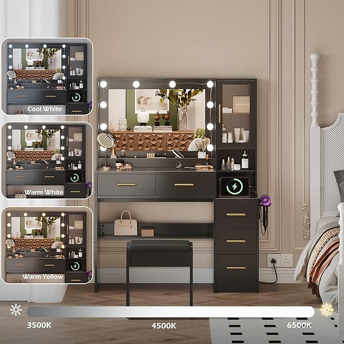 Makeup Vanity with Lights & Charging Station, Bedroom Makeup Dressing Table Set - Image 3