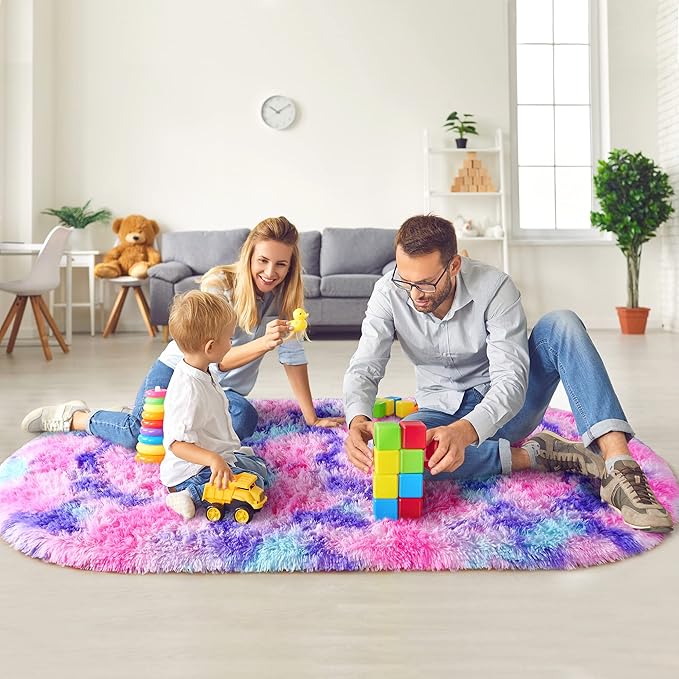 Noahas Oval Fluffy Hot Pink Rainbow Rug 2.6X5.3 Small Kids Rugs - Image 6