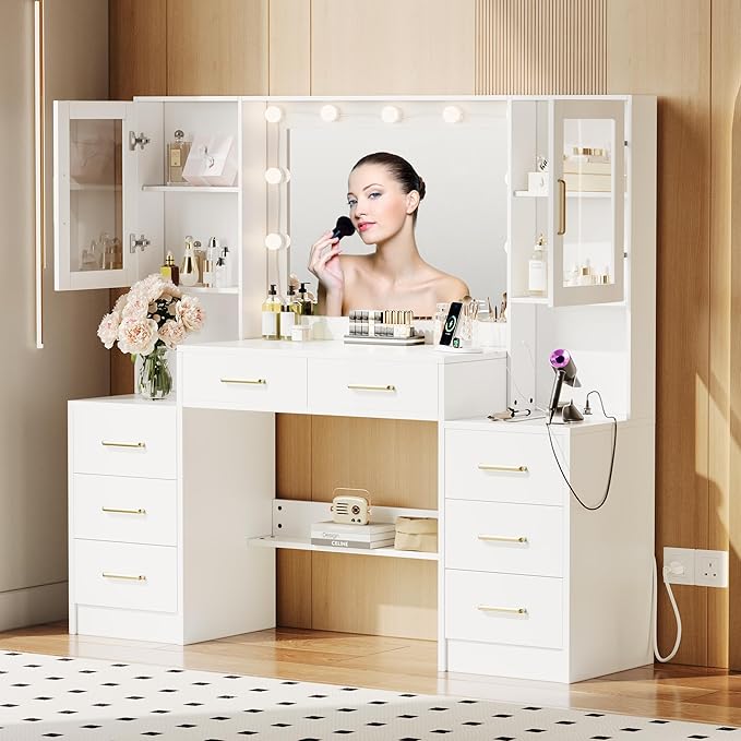 58.3”Vanity Desk with Mirror and Charging Station, Bedroom Dressing Table - Image 9
