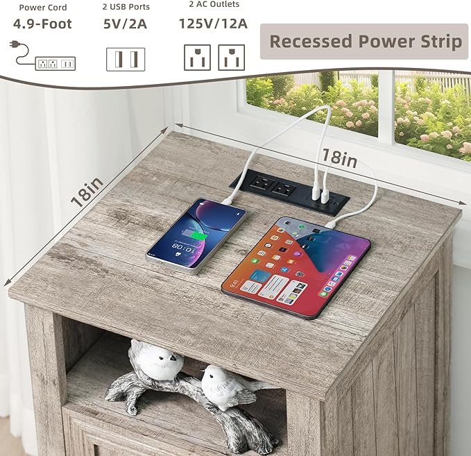 18" Farmhouse Night Stand with Charging Station, 2 Drawers End Table Dresser - Image 6