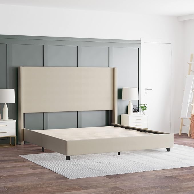 EMMA + OLIVER Nora King Size Faux Linen Upholstered Platform Bed - Image 4