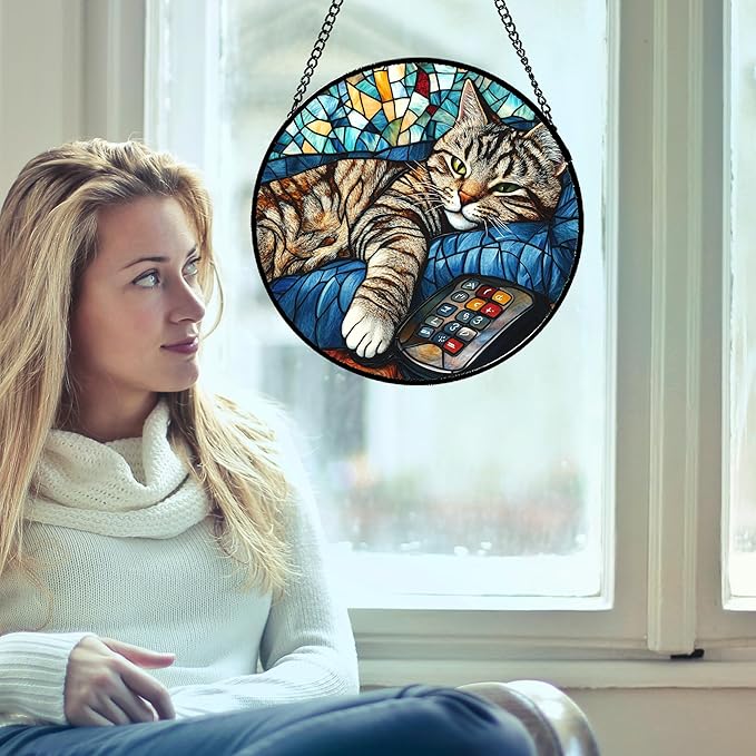 DASTOLL Stained Glass Window Hanging Gray Cat and Remote Control 7.8" - Image 3