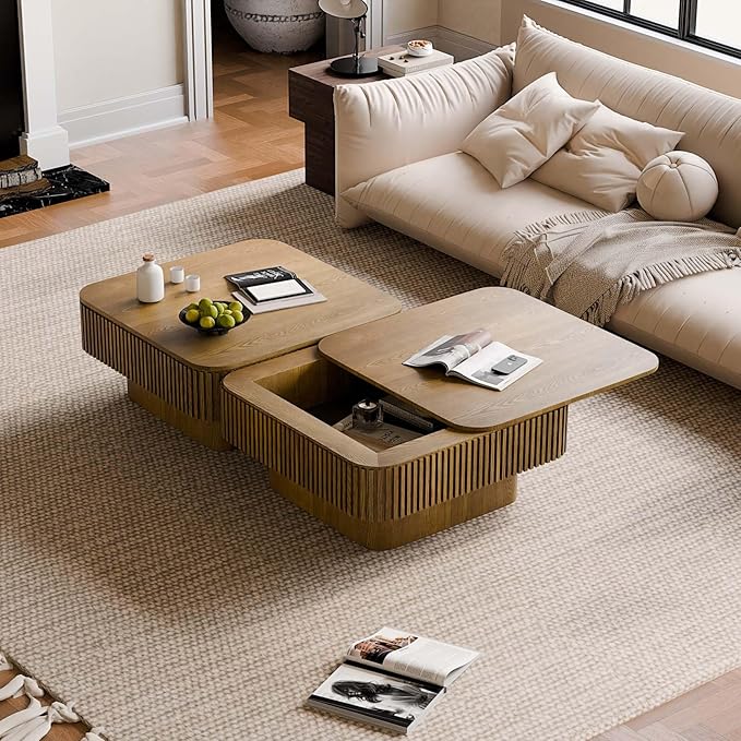 Square Small Coffee Table with Storage, Modern Wooden Coffee Table with Solid - Image 8