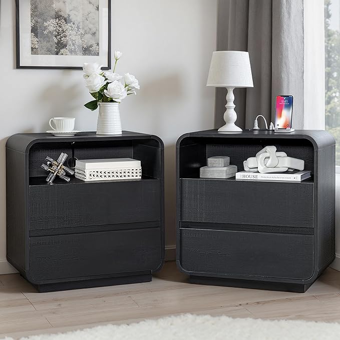 Black Nightstand with Charging Station, Modern End Table with 2 Storage Drawers - Image 9