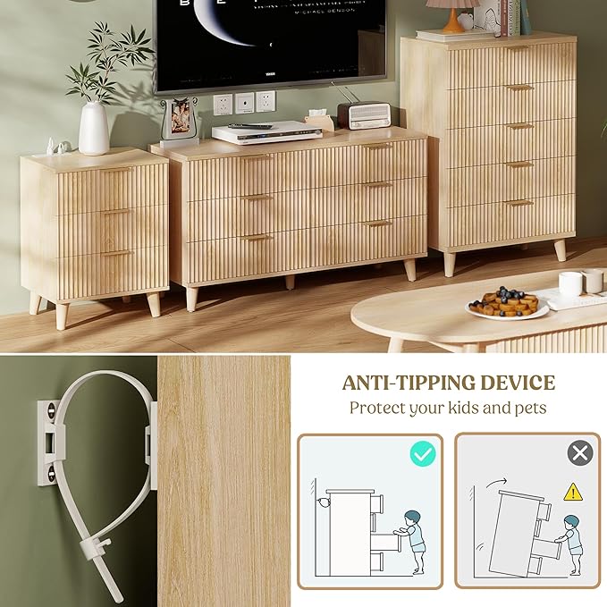 Lulive Wood 3 Drawers Dresser Fluted Night Stand - Image 9