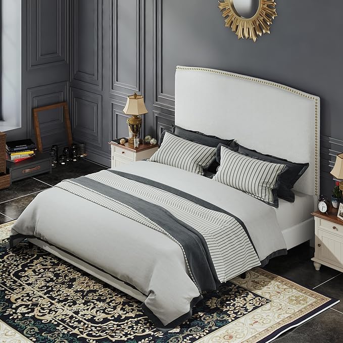 Queen Size Bed Frame with Headboard, Soft Boucle Fabric, No Box Spring Needed by BarnFurin
