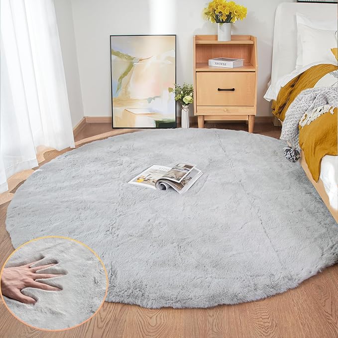Grey Washable Fluffy Round Rugs 6ft Faux Bunny Fur Rugs by ORINOVA