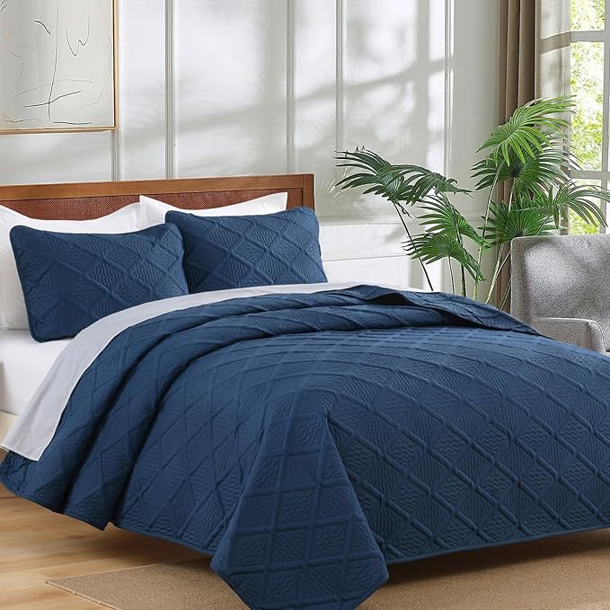 Yiran Quilt Queen Size Bedding Set Navy Blue Bedspreads Embossed Diamond - Image 3