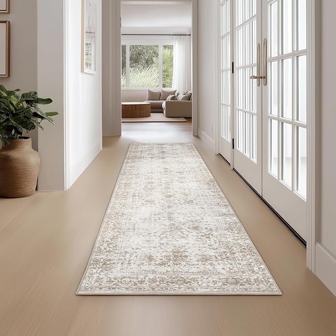 Fmfunctex 2x5 Washable Runner Rug Beige Vintage Neutral Distressed Non Slip Low - Image 9