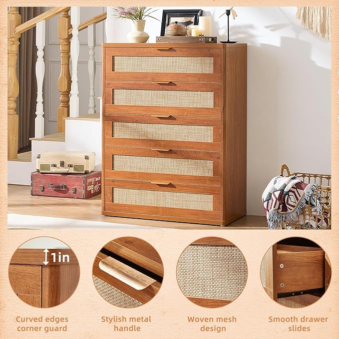 LEYAOYAO Dresser for Bedroom, Modern 5 Drawers Boho Rattan Dressers - Image 7