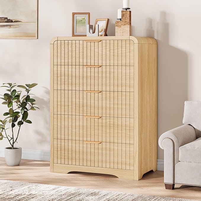 Fluted 5 Drawer Dresser, Wood Mid Century Vertical Dresser Natural Texture - Image 6