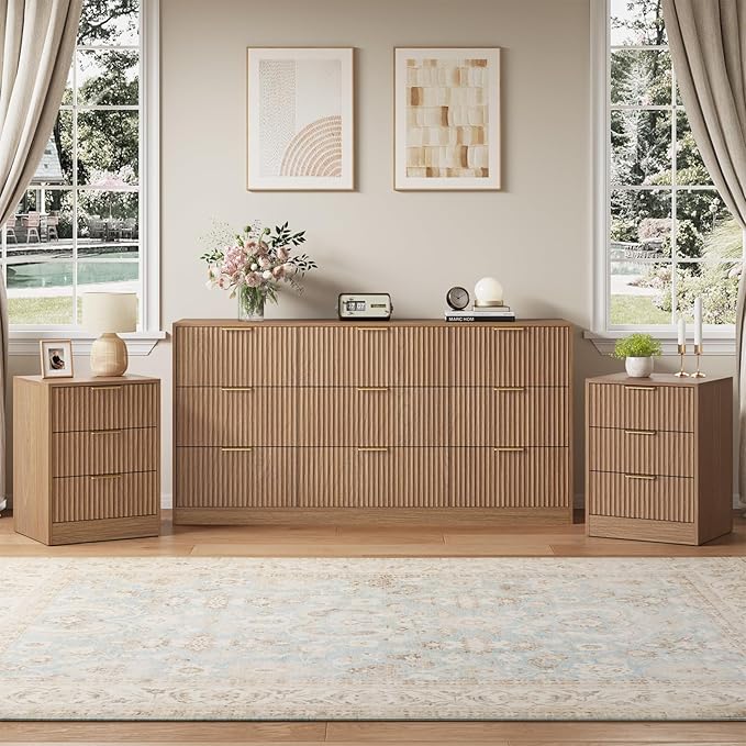 Fluted Dresser & 3 Drawer Nightstand Set 3-Piece, 63” Long 9 Drawer Dresser and by NOVAMAISON