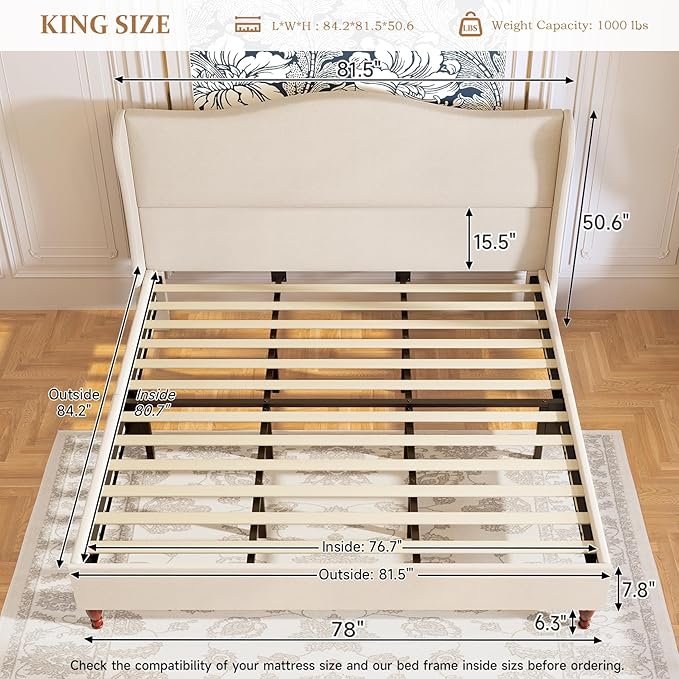 koorlian King Size Bed Frame Upholstered Platform Bed - Image 2