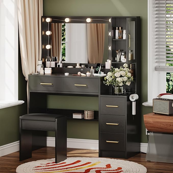 Makeup Vanity with Lights & Charging Station, Bedroom Makeup Dressing Table Set - Image 6