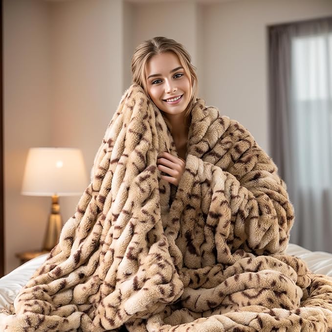 BATTILO HOME Luxury Ruched Faux Fur Throw Blanket Leopard Print, Double Side - Image 5