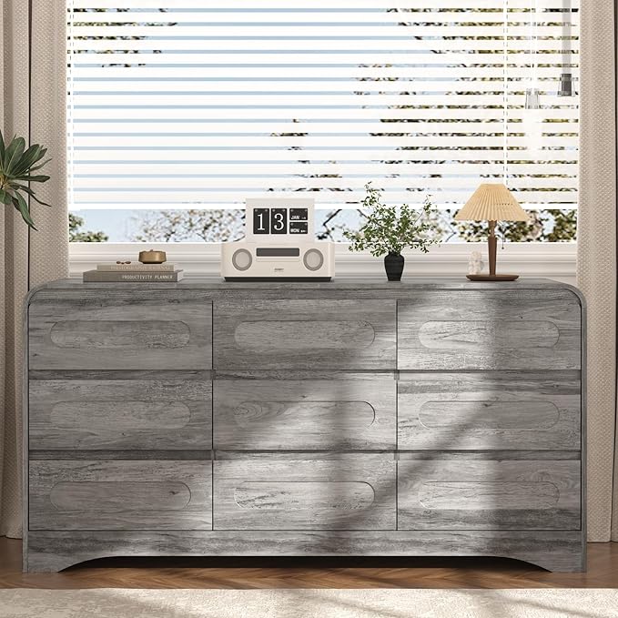 Grey Dresser for Bedroom with 9 Drawers, Wood Closet Clothes Storage Long - Image 7