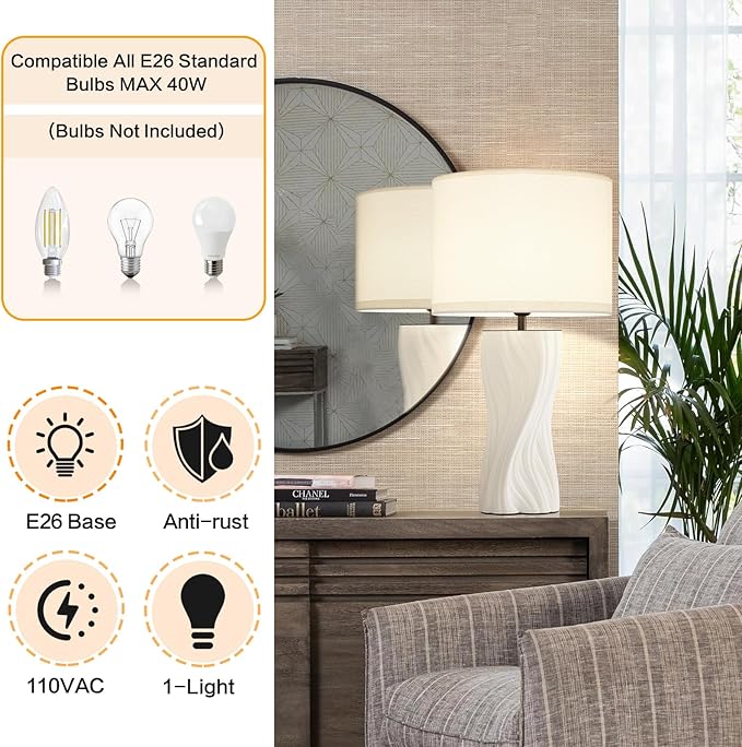 White Ceramic Table Lamps 21.5In Modern Plug in Table Lamp Bedroom Bedside - Image 6