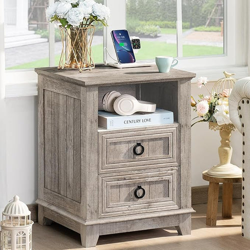 18" Farmhouse Night Stand with Charging Station, 2 Drawers End Table Dresser by Joaxswe