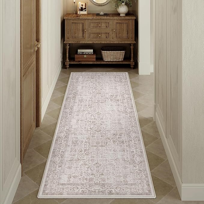 Light Brown Runner Rug 3x8 Hallway Machine Washable Kitchen Vintage Distressed - Image 6