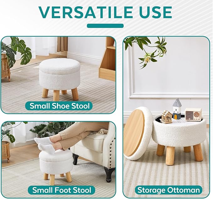 FIMIVIBI Small Ottoman with Storage, Small Storage Ottoman Round, Sherpa Foot - Image 6