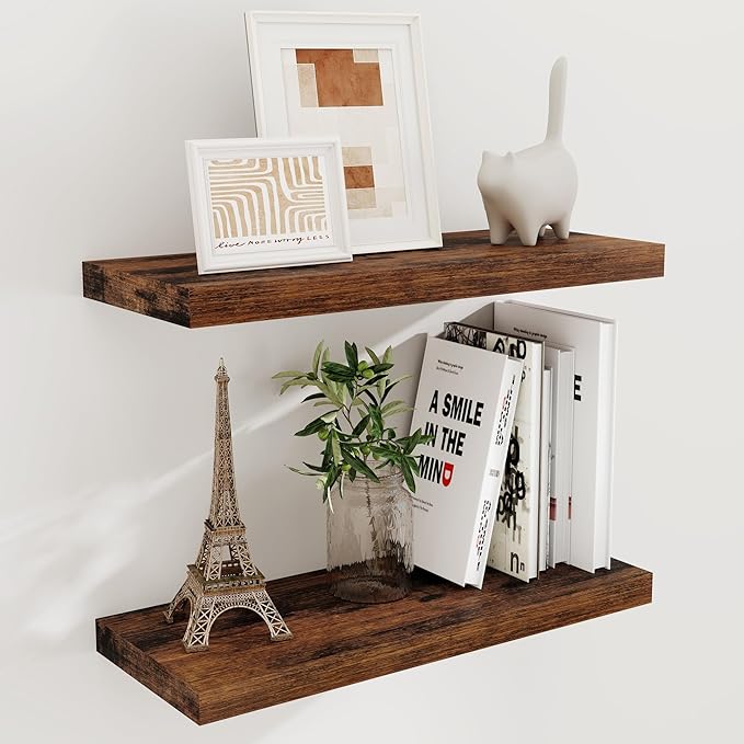 Floating Shelves for Wall, 24 x 9.3 Floating Shelf Wall-Mounted, Rustic Wood by FunMemories