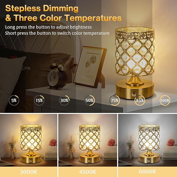 TOBUSA Gold Rechargeable Cordless Table Lamp, 6000mAh Crystal Battery Operated - Image 4