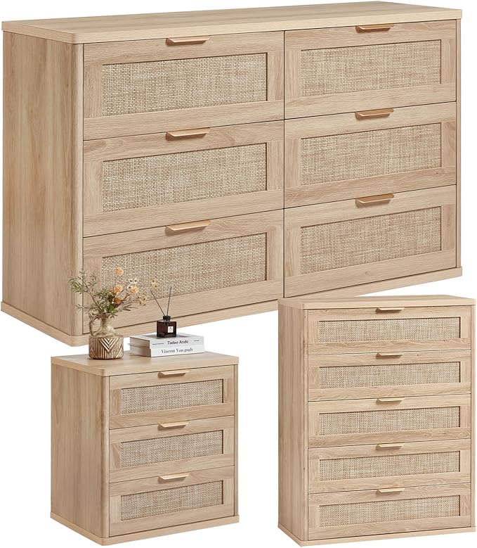 LEYAOYAO Rattan Dresser and Nightstand Sets 3, Boho Wood Dresser by LEYAOYAO-Findtheshiningpointofyourideallife%EF%BC%81