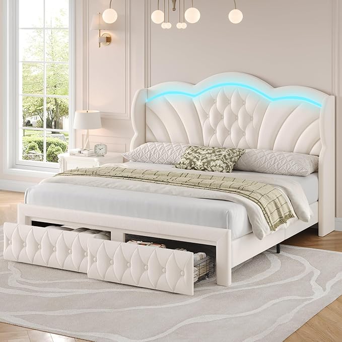 Keyluv Full Bed Frame Arc-Shaped LED Lights and 47.2" Height Wingback Bed - Image 3
