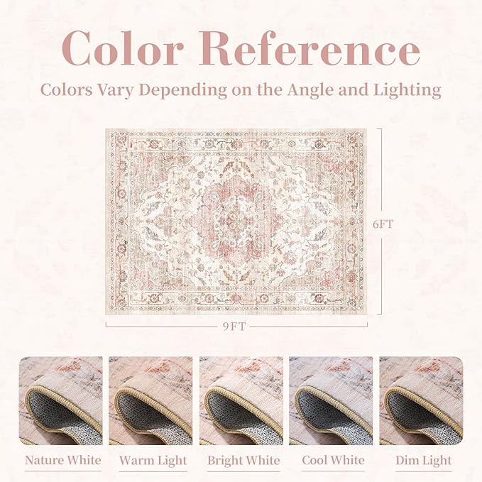 PADOOR 6X9 Area Rug, Rugs for Living Room, Soft Pink Rugs for Bedroom, Machine - Image 2