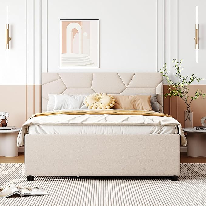 Full Size Bed Frame with Twin Size Trundle and 2 Storage Drawers, Linen - Image 3
