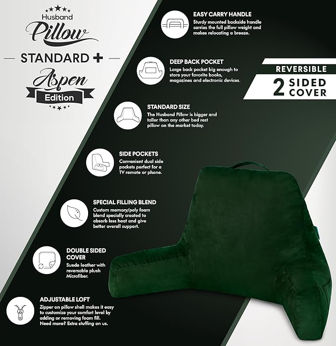 Husband Pillow Aspen Ramona Green, Reading Pillow Bed Rest Chair, Two-Sided - Image 4