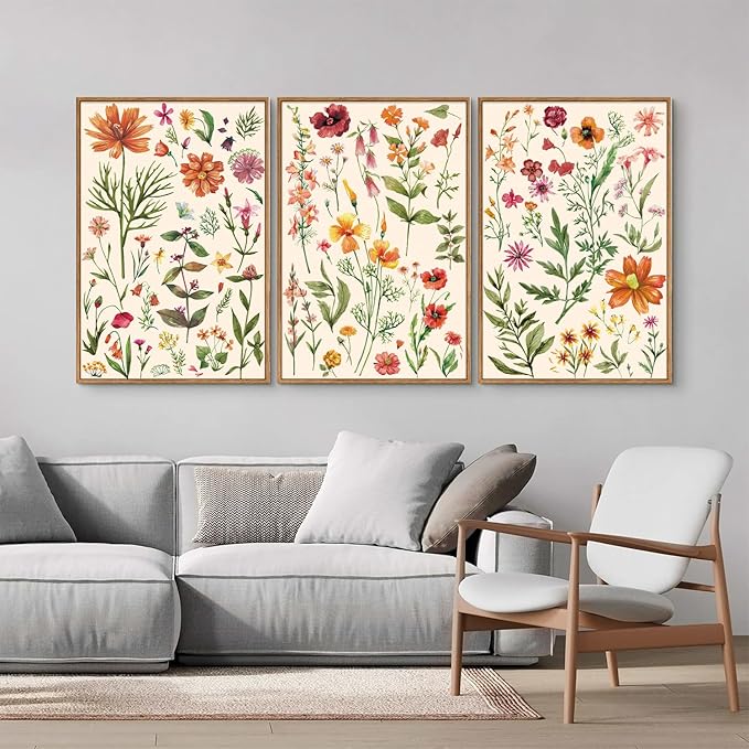 YeeHomedec Boho Wildflower Framed Canvas Wall Art, Colorful Vintage Floral Wall - Image 3
